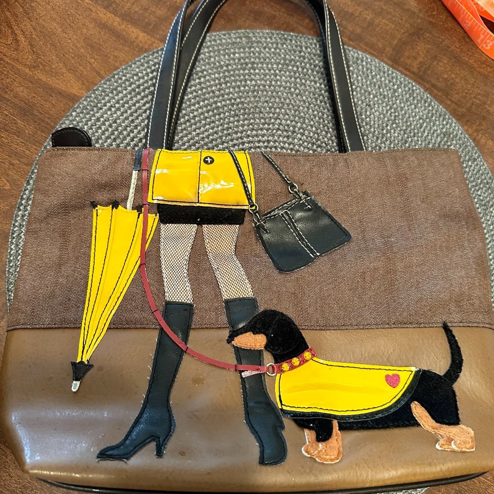 Dachshund Handbag Doggie in raincoat. Vinyl and fabric.